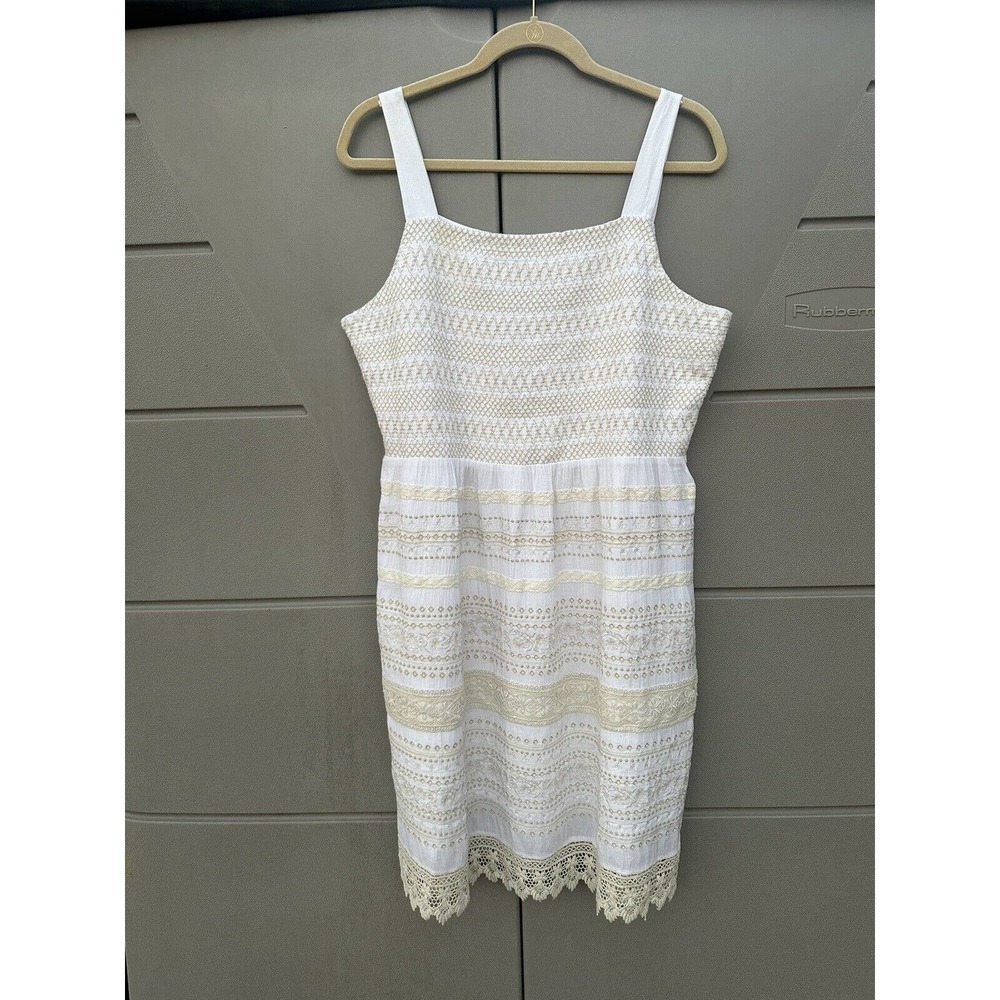 J. Jill Embroidered Smocked Dress Women’s Size M Lace Trim Boho Babydoll Peasant